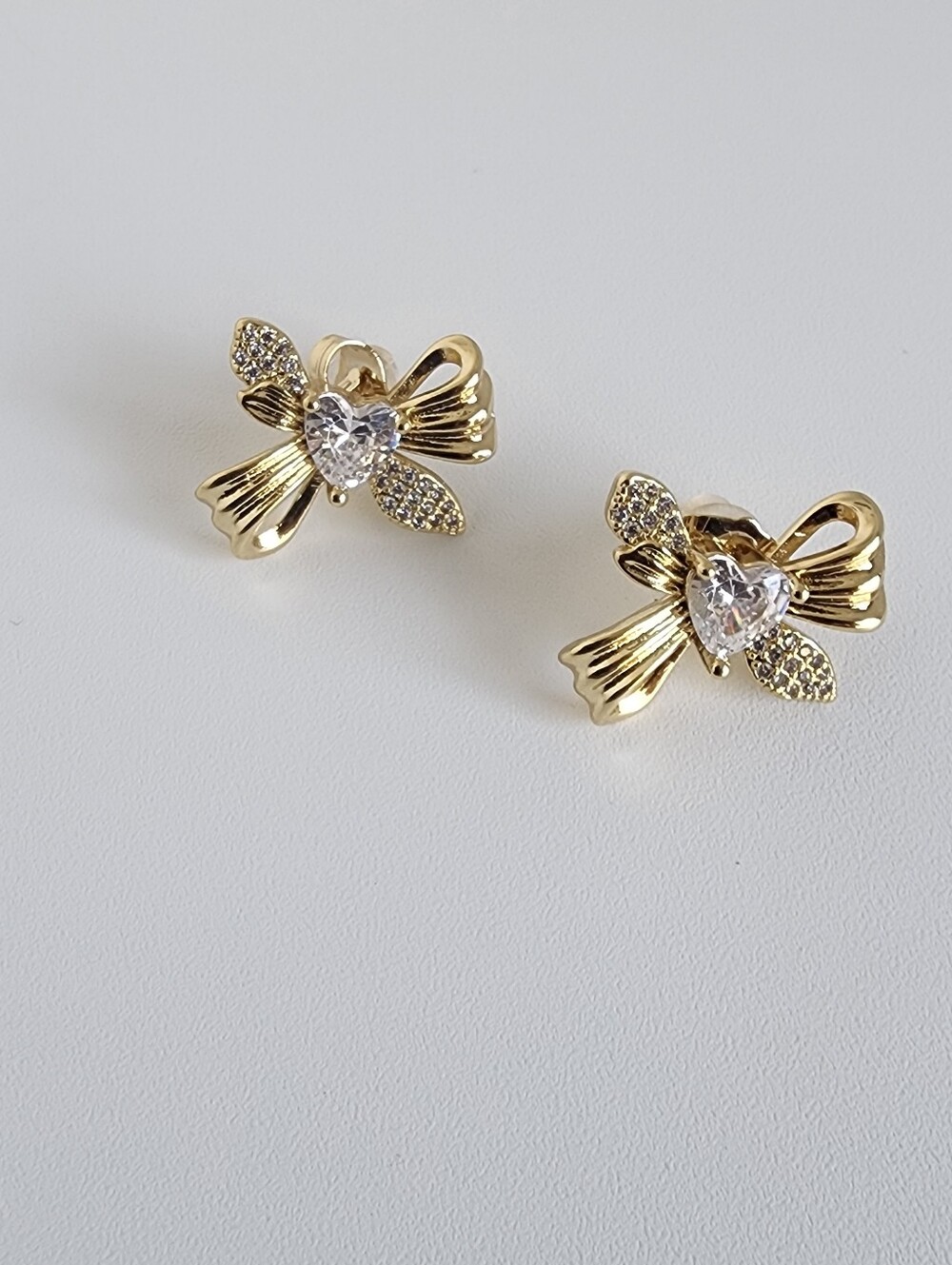 Gold Plated Bow Heart Crystal Stud Earrings Cute Coquette Gift